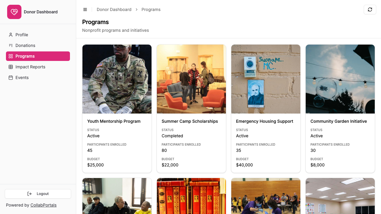 The programs gallery in the portal, showing the work donors fund