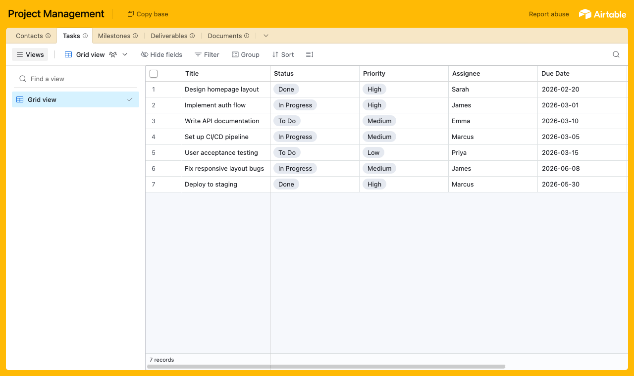 The Project Management Airtable base with a Tasks table linked to contacts