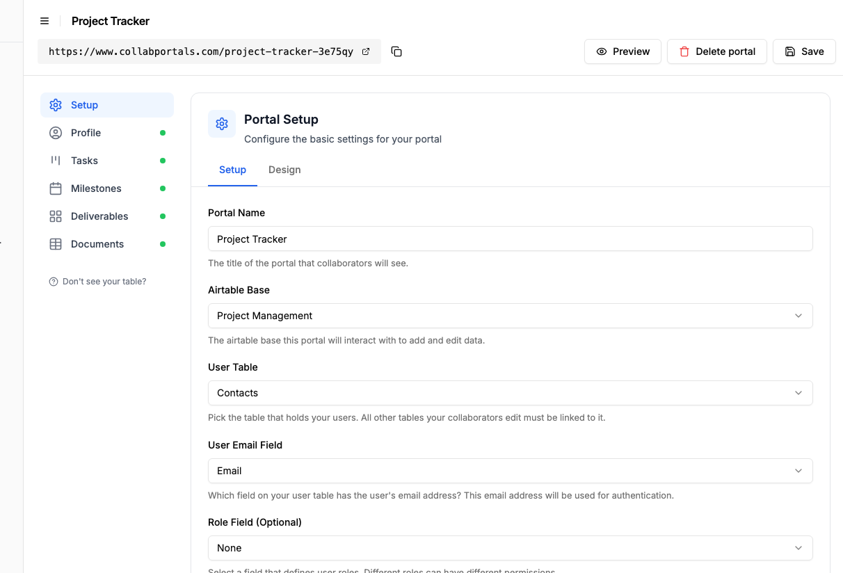 Portal setup screen with the Project Management base and the Contacts user table selected