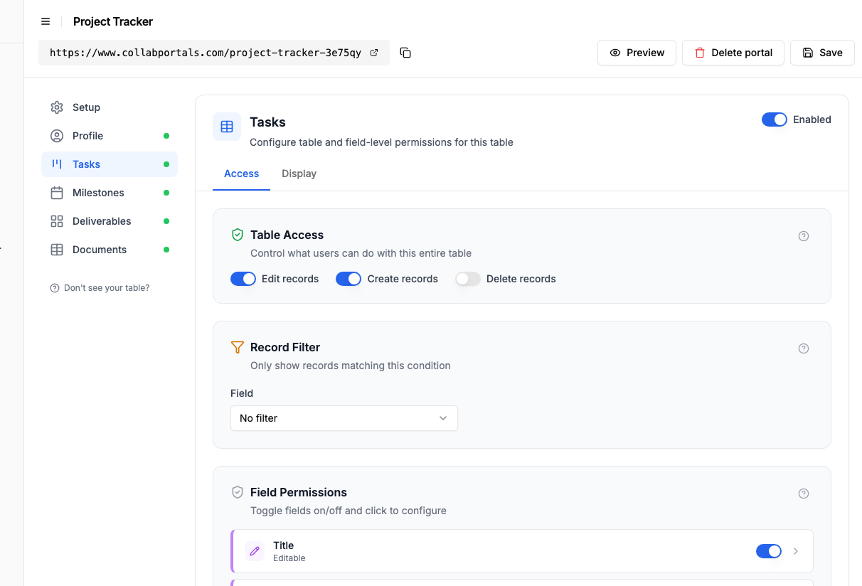 Access settings for the Tasks table with create and edit enabled and delete off