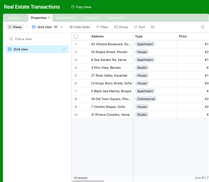 The Real Estate Airtable base with a Properties table linked to contacts