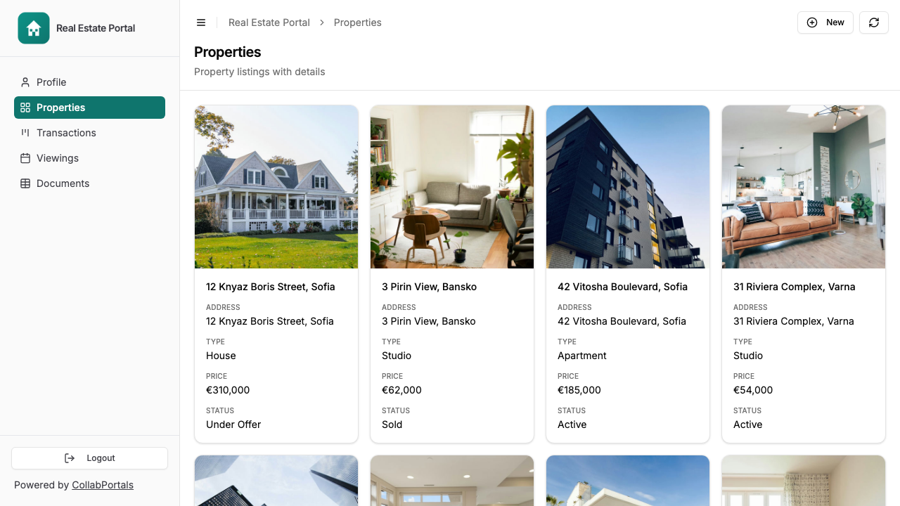 The properties gallery in the portal, showing each listing with a photo, price and status