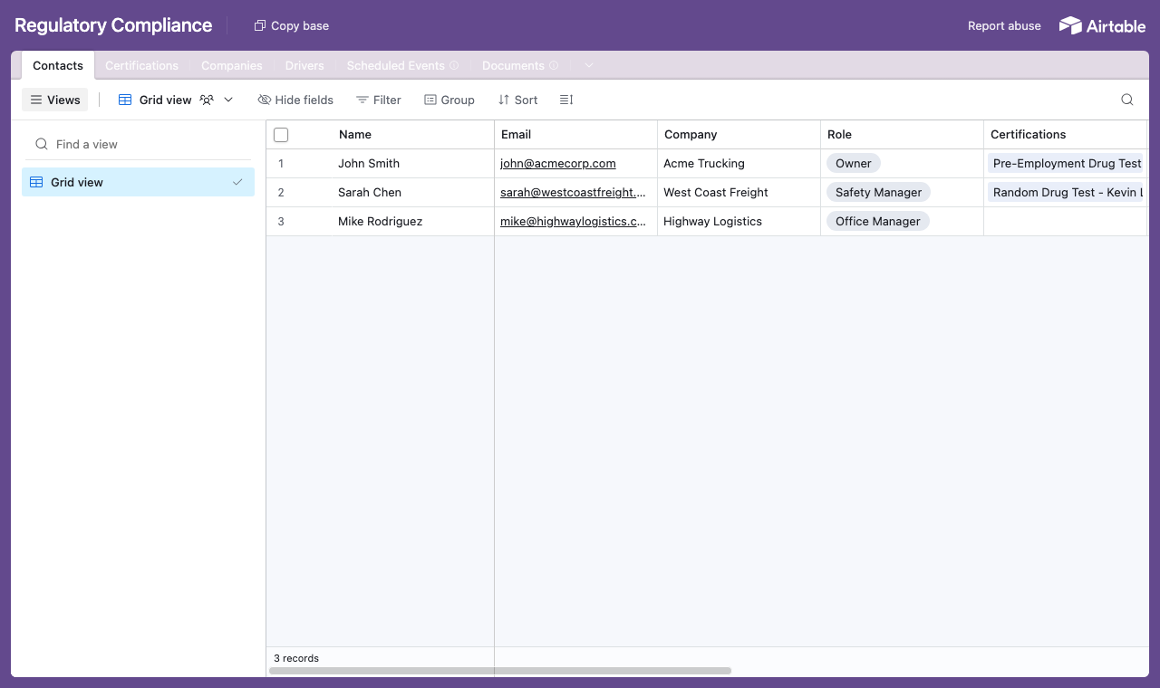 The Regulatory Compliance Airtable base with tables for certifications, companies, drivers, scheduled events and contacts