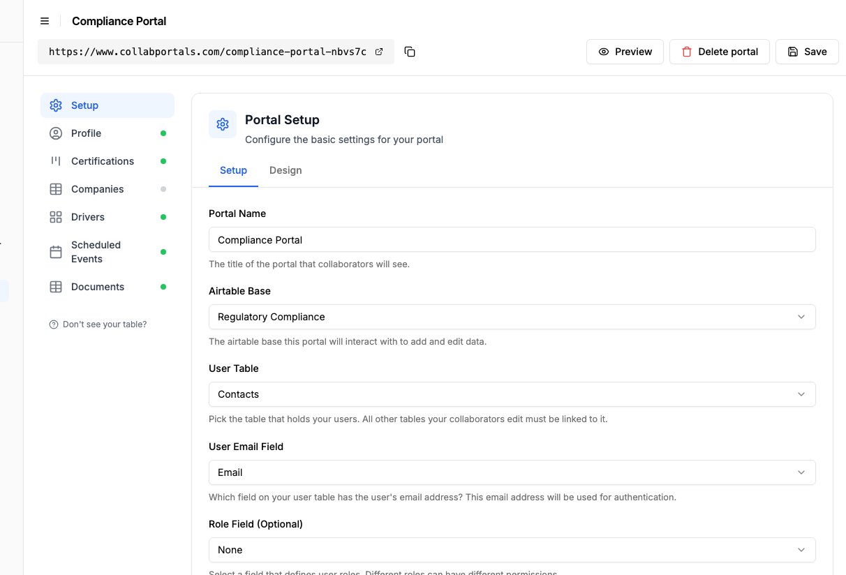 Portal setup screen with the Regulatory Compliance base and the Contacts user table selected