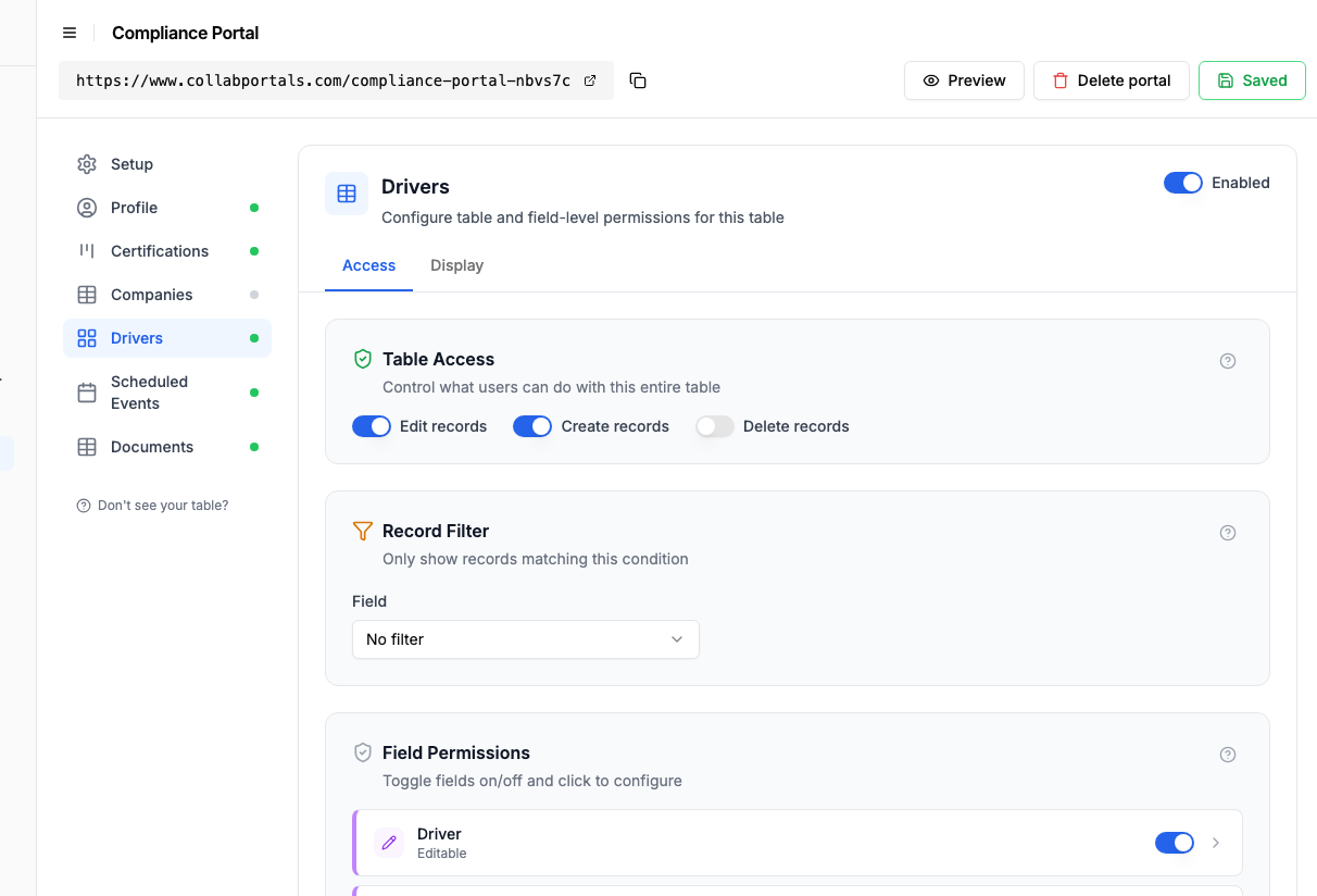 Access settings for the Drivers table with create and edit enabled