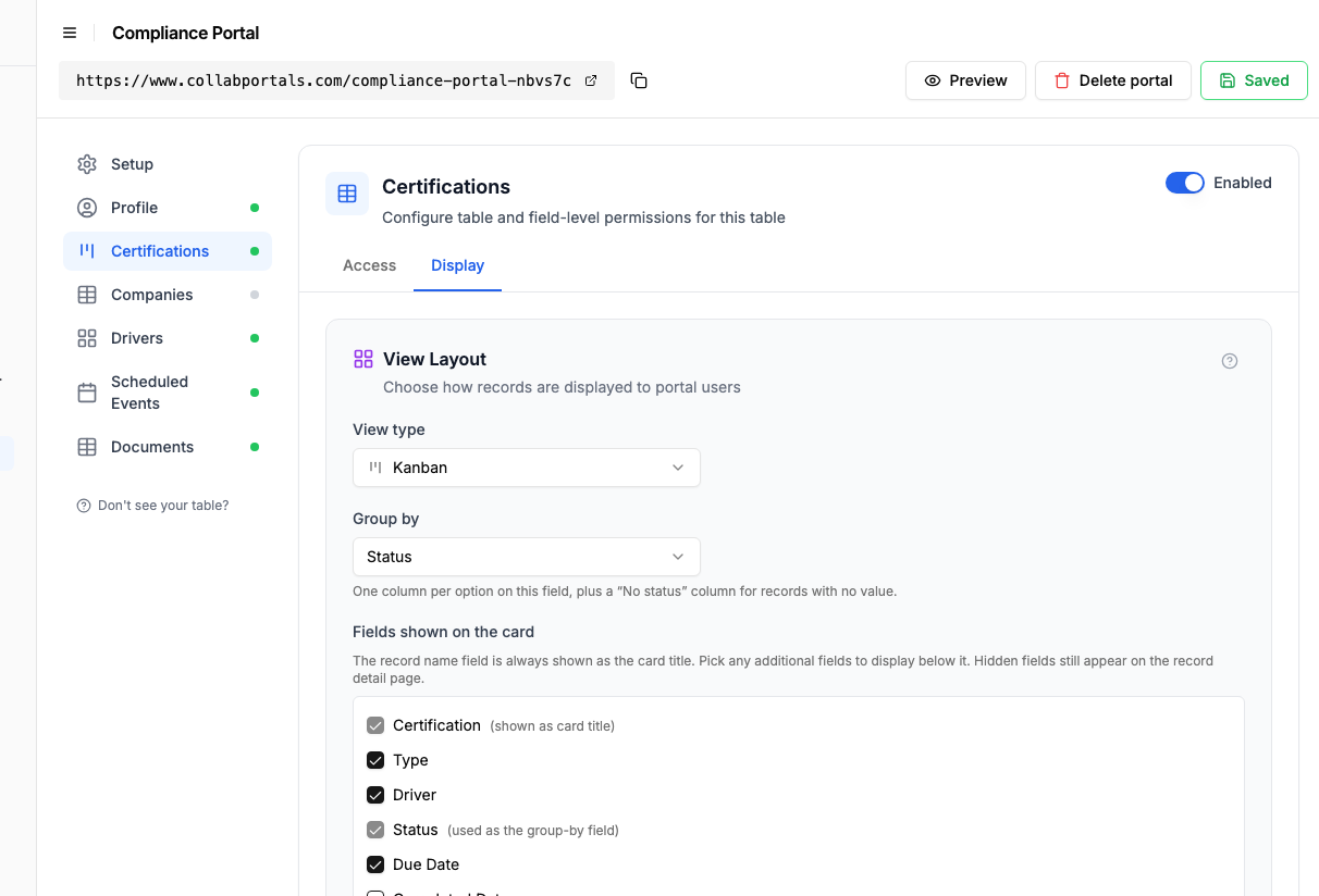 View layout settings showing the Certifications table set to a kanban grouped by status