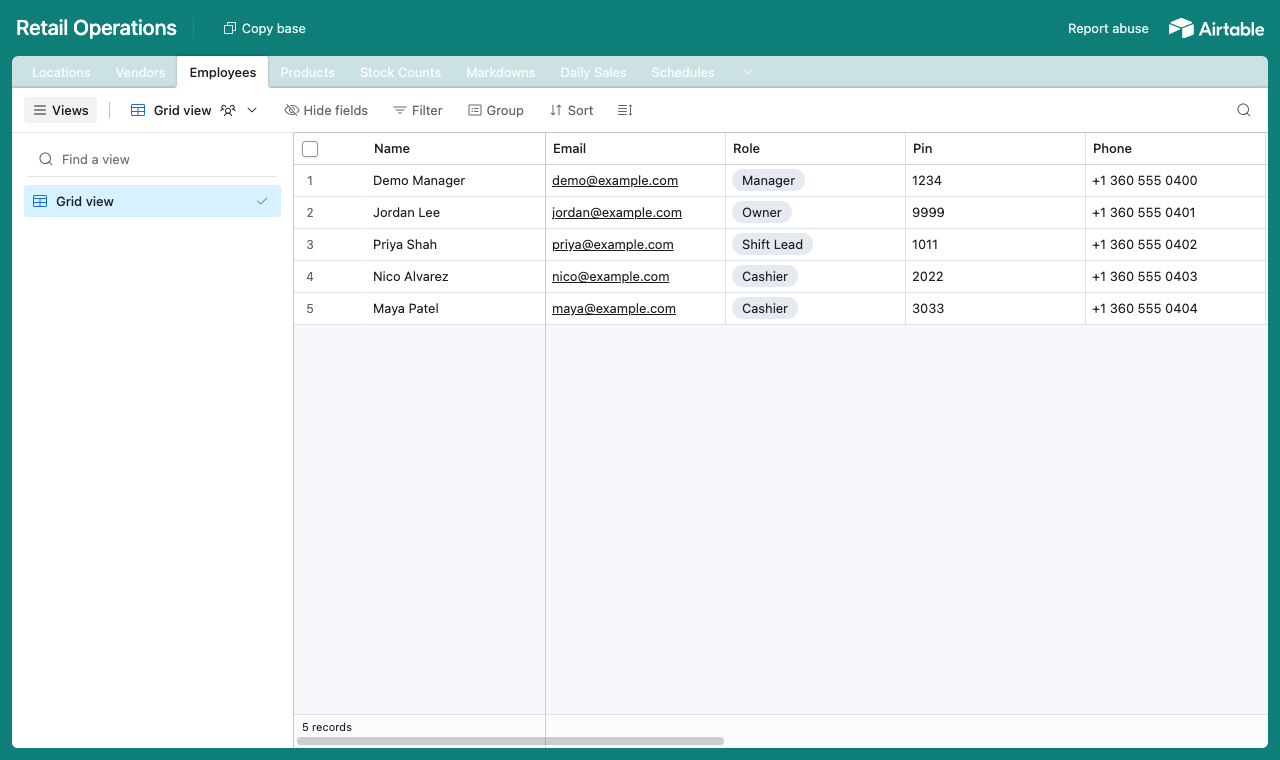 The Retail Operations Airtable base with a table for products, markdowns, daily sales, schedules and employees