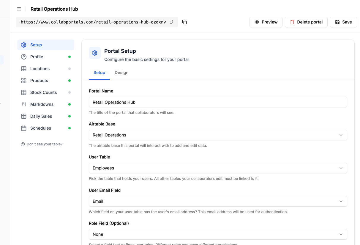 Portal setup screen with the Retail Operations base and the Employees user table selected
