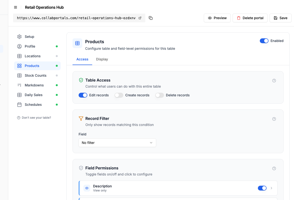 Field permissions for the Products table with cost price, margin and vendor hidden