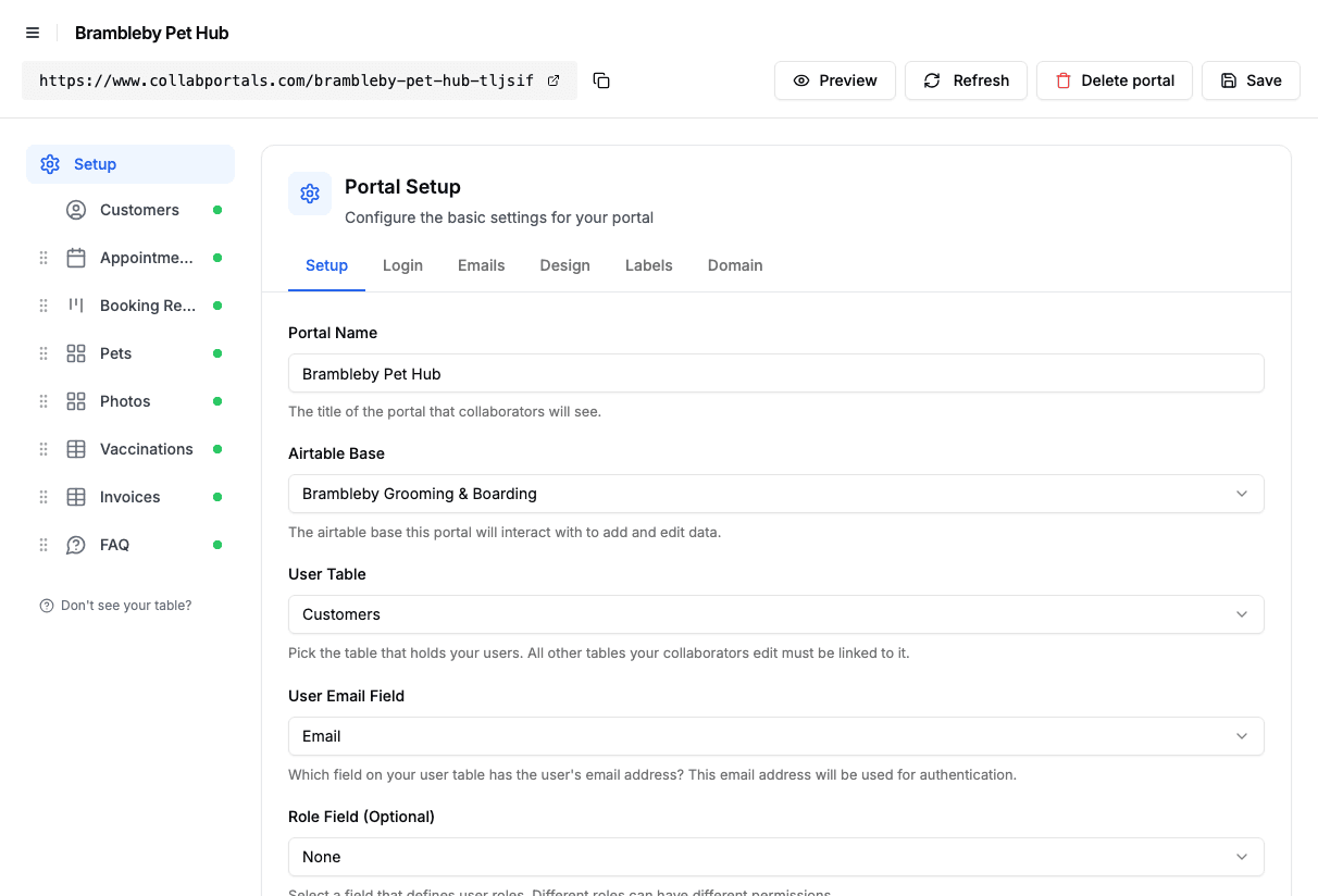 Portal setup screen with the grooming base and the Customers user table selected