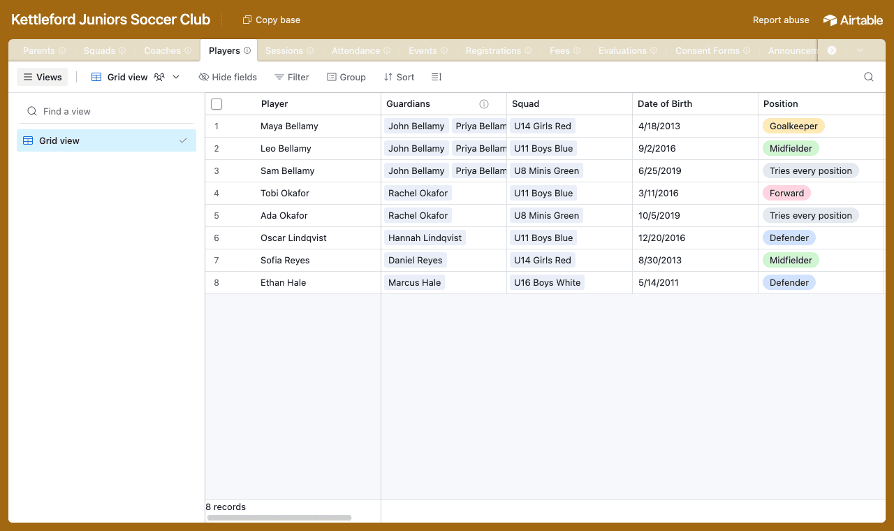 The sports club Airtable base with the Players table open, showing each player's guardians, squad, date of birth and position