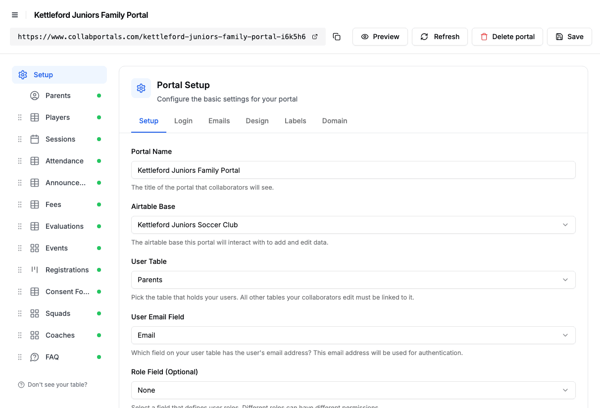 Portal setup screen with the sports club base and the Parents user table selected