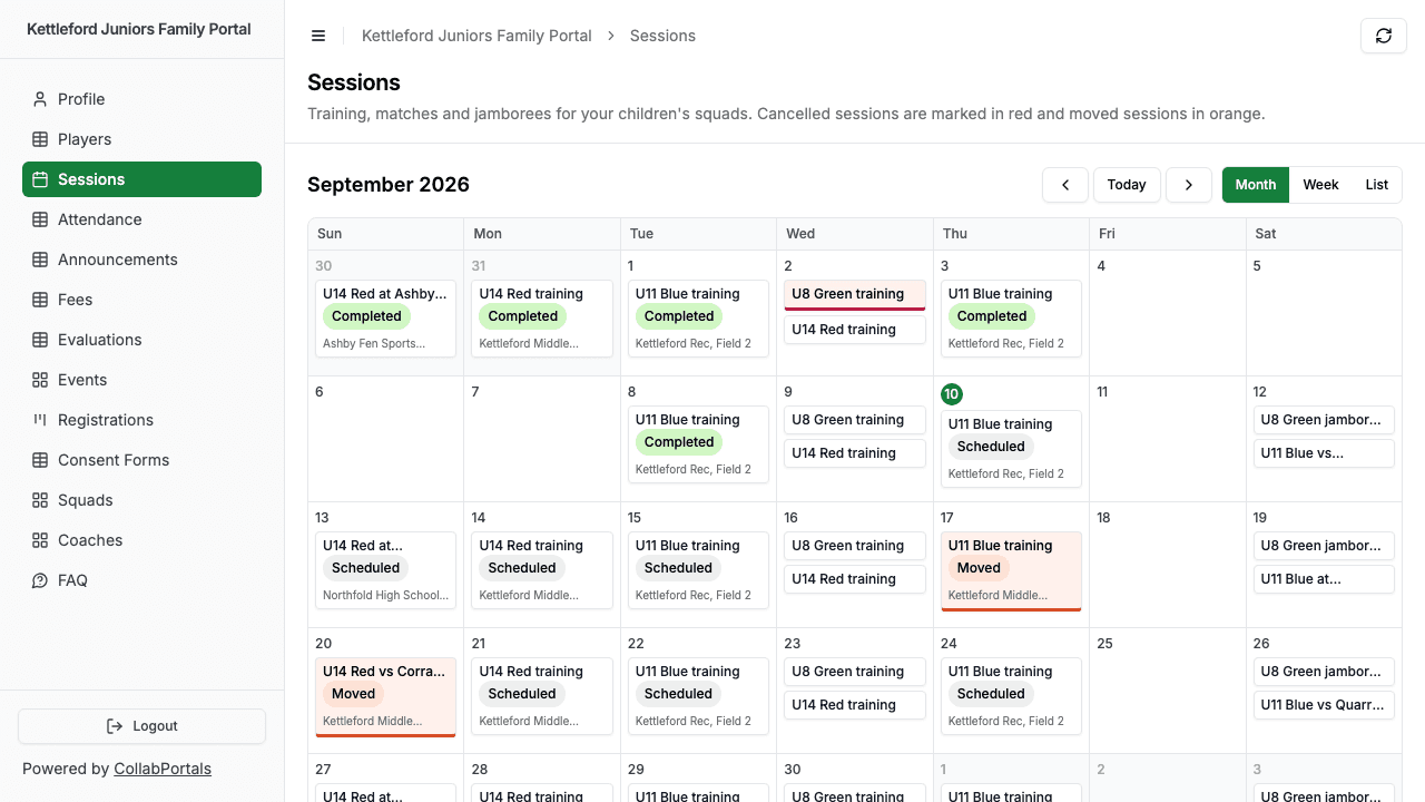 The Sessions calendar in the family portal, with a cancelled session highlighted in red and two moved sessions in orange