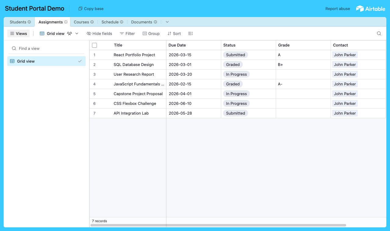 The Student Portal Airtable base with an Assignments table linked to students