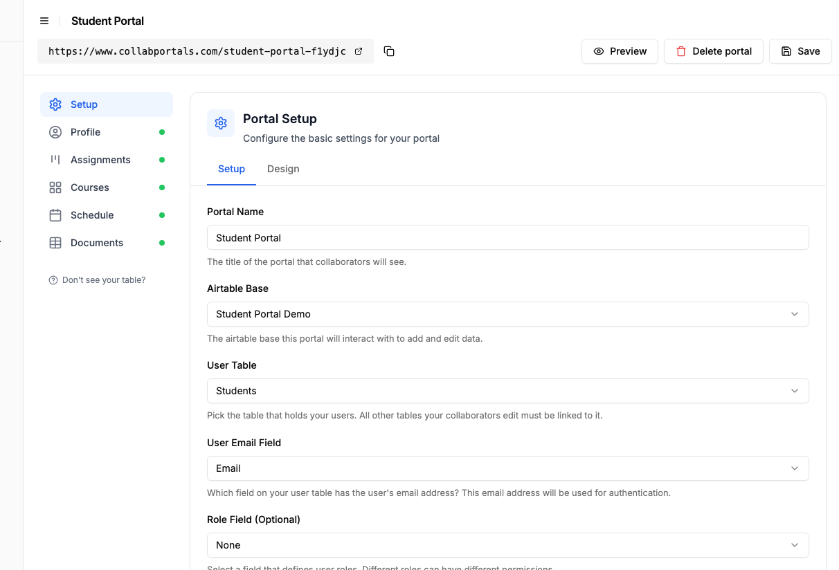 Portal setup screen with the Student Portal base and the Students user table selected