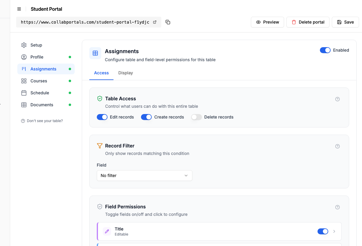 Access settings for the Assignments table with create and edit enabled and delete off