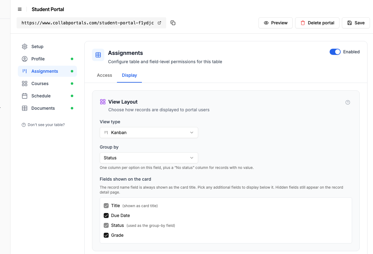 View layout settings showing the Assignments table set to a kanban grouped by status
