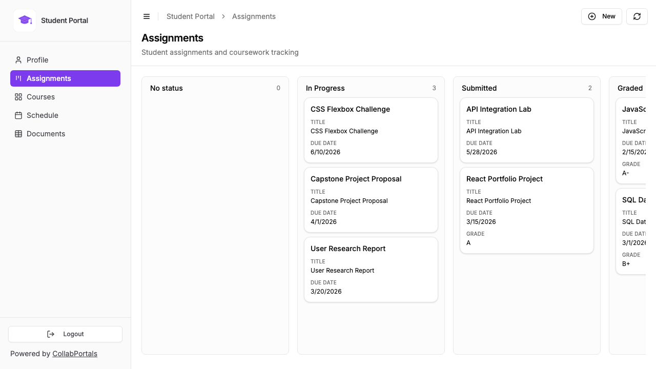 The assignments board in the portal, shown as a kanban grouped by status with due date and grade on each card