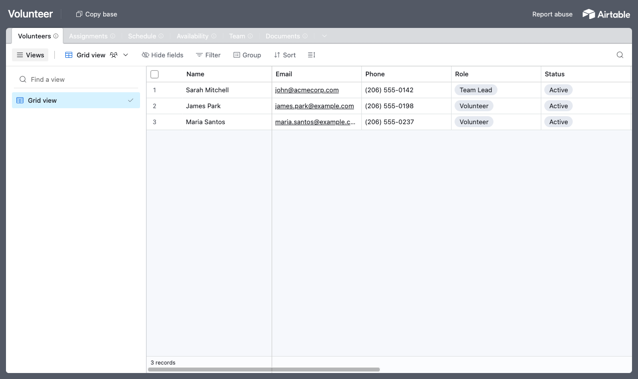 The Volunteer Airtable base with tables for assignments, schedule, availability, team and volunteers