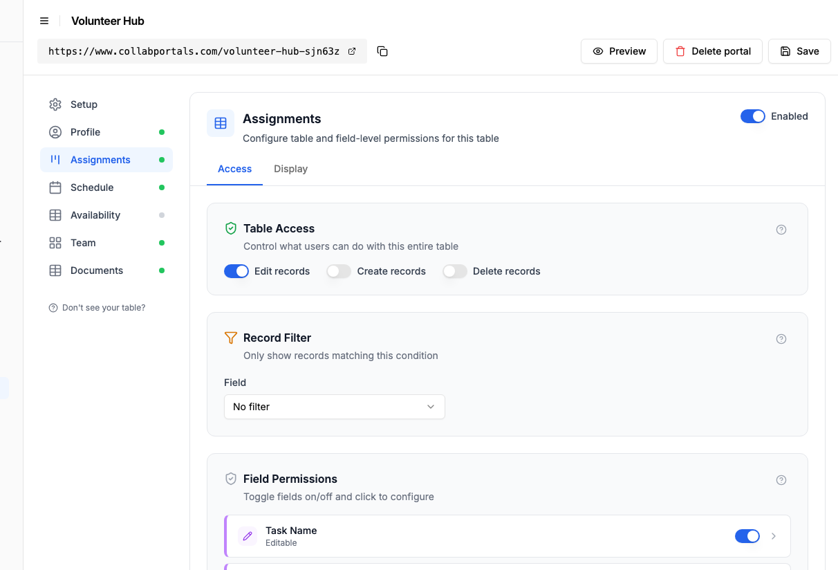 Access settings for the Assignments table with edit enabled