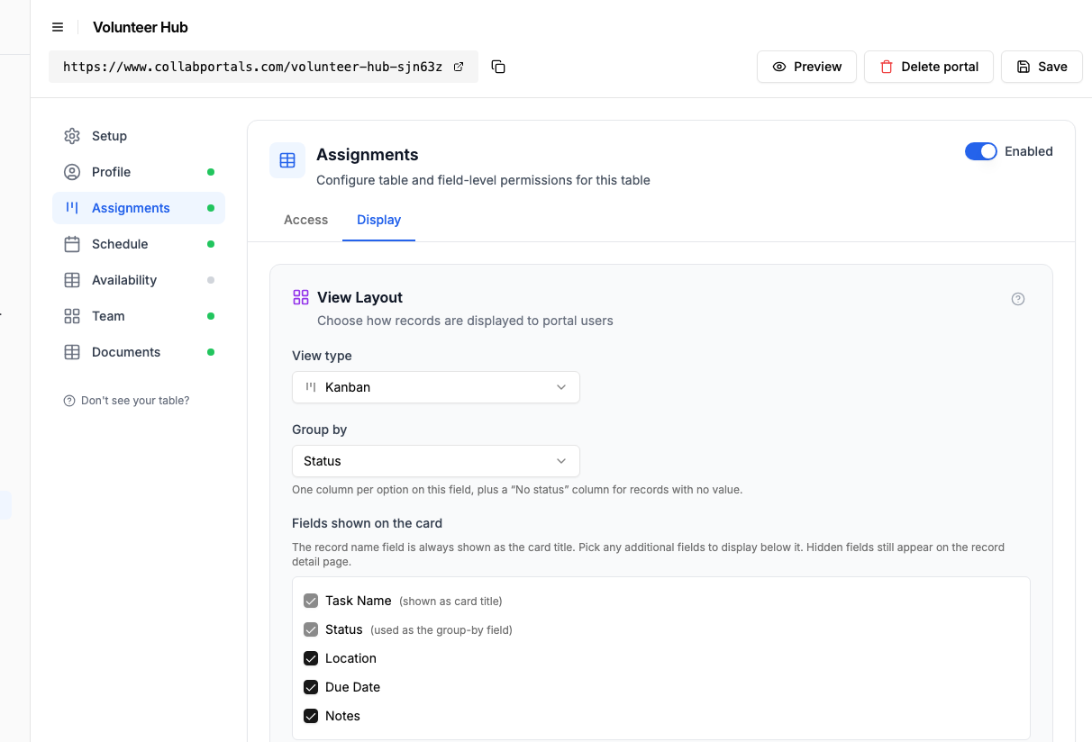 View layout settings showing the Assignments table set to a kanban grouped by status