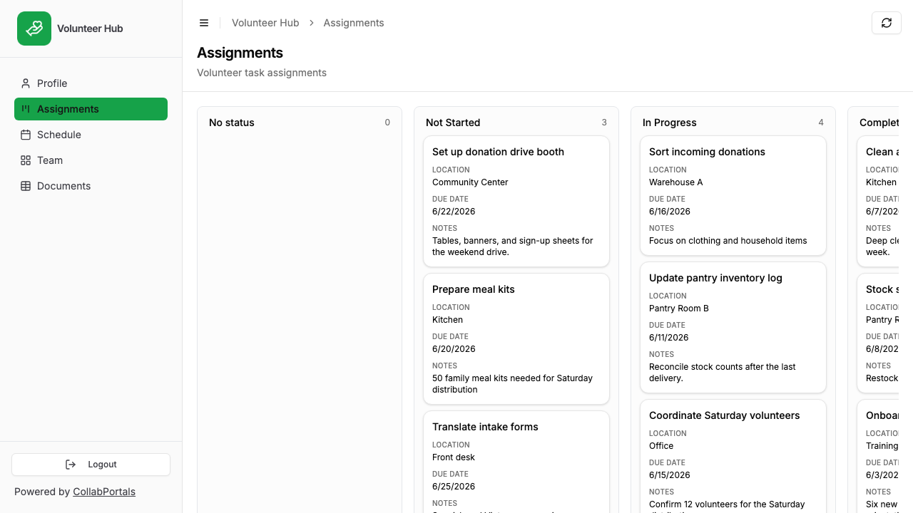 The assignments board in the portal, shown as a kanban grouped by status